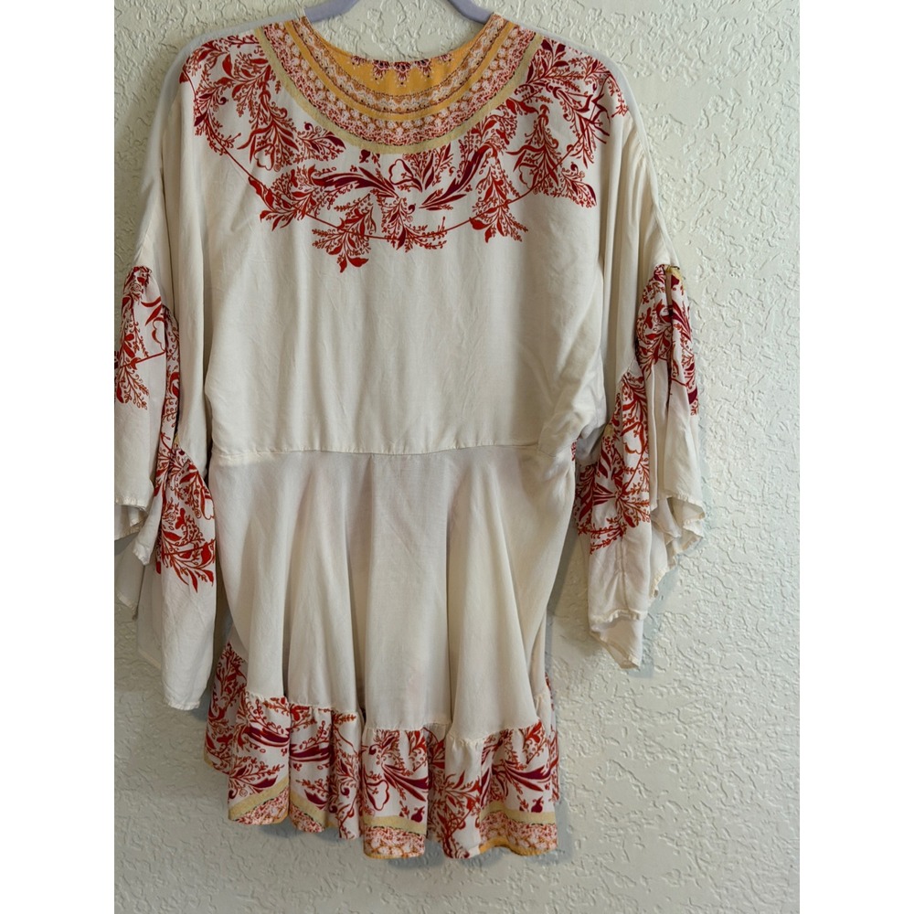 Free People Tunic Top Sunset Dreams S Ivory Orange Boho Bell Sleeve V-Neck - Picture 5 of 11